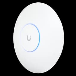 Punto de acceso Ubiquiti U6 Enterprise blanco, diseño circular minimalista con anillo LED azul central y logo U, montaje en techo, acabado mate