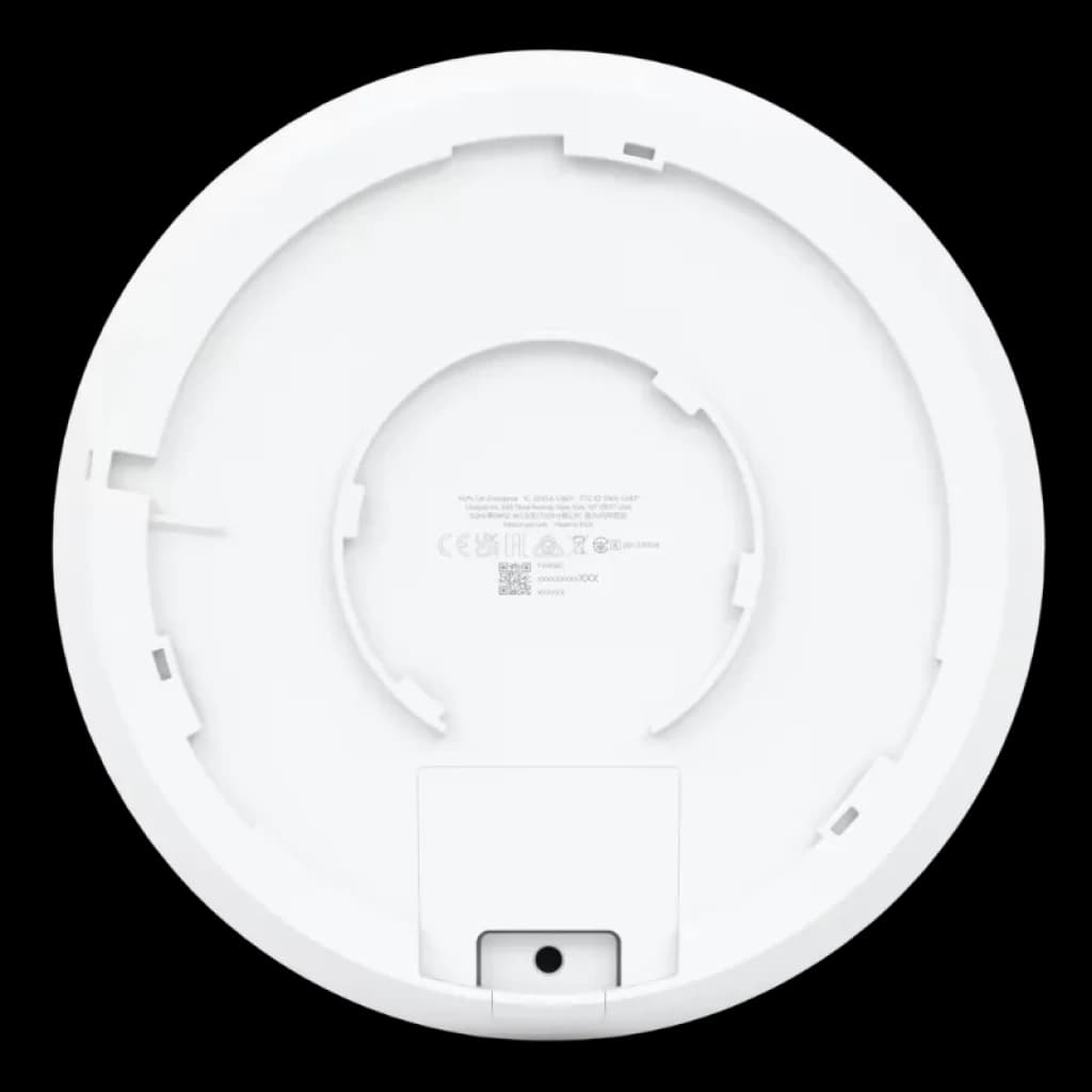 Parte trasera del Ubiquiti U6 Enterprise: cubierta circular blanca con soporte de montaje, etiquetas CE y puerto inferior para cableado PoE