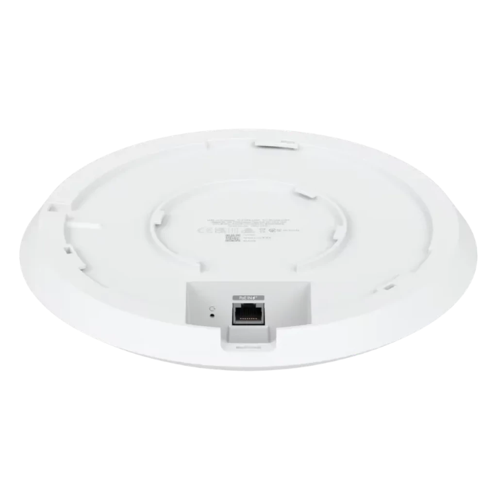 Ponto de acesso branco circular com anel LED azul, logótipo U no centro; design minimalista para teto e parede, estilo UniFi WiFi 6E com caixa lisa - Item3
