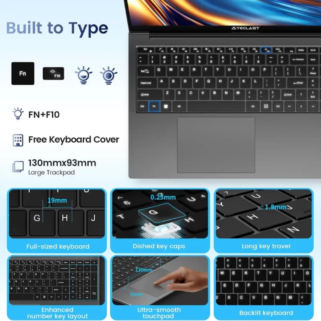 Portátil Teclast F17 Plus 17,3 pulgadas con biseles finos, chasis gris metalizado y teclado completo; pantalla IPS con colores vivos y webcam superior - Ítem6