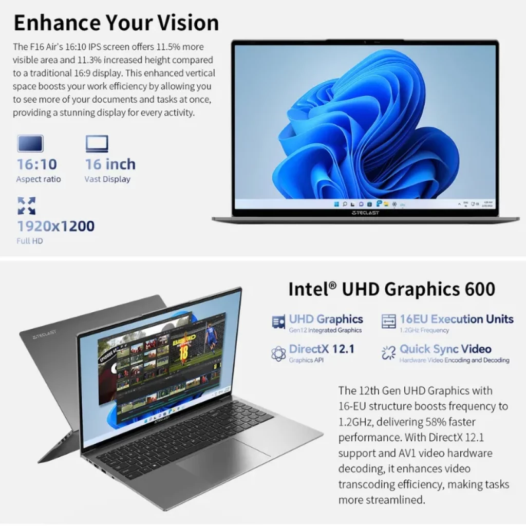 Portátil Teclast F16 Air plateado, pantalla 16,1 pulgadas con marcos finos, teclado negro de tamaño completo y touchpad amplio, diseño delgado y moderno - Ítem5