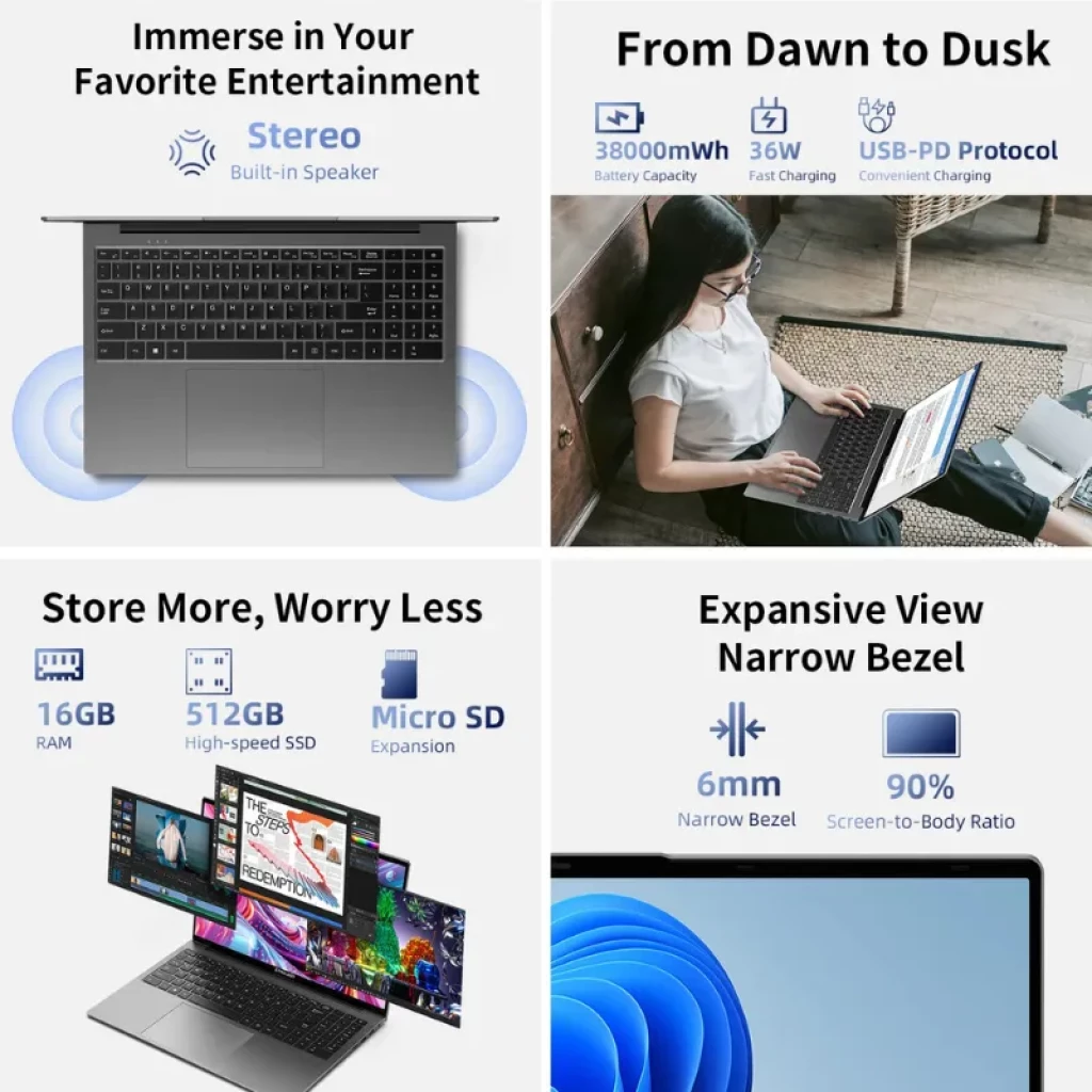 Portátil Teclast F16 Air plateado, pantalla 16,1 pulgadas con marcos finos, teclado negro de tamaño completo y touchpad amplio, diseño delgado y moderno - Ítem6