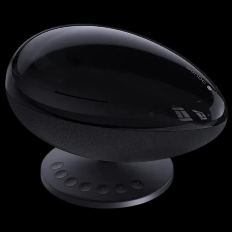 Projetor de luz Wanbo EVA Galaxy Light em formato oval preto, base inclinável e botões frontais, acabamento brilhante com tecido na borda inferior