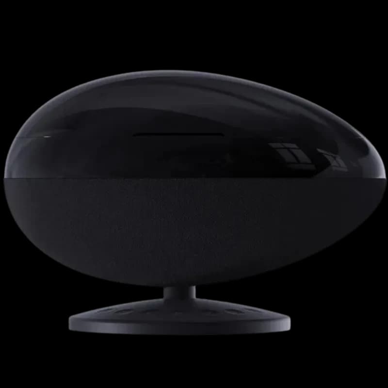 Projetor de luz Wanbo EVA Galaxy Light em formato oval preto, acabamento brilhante com base circular estável e faixa têxtil frontal para difusão uniforme