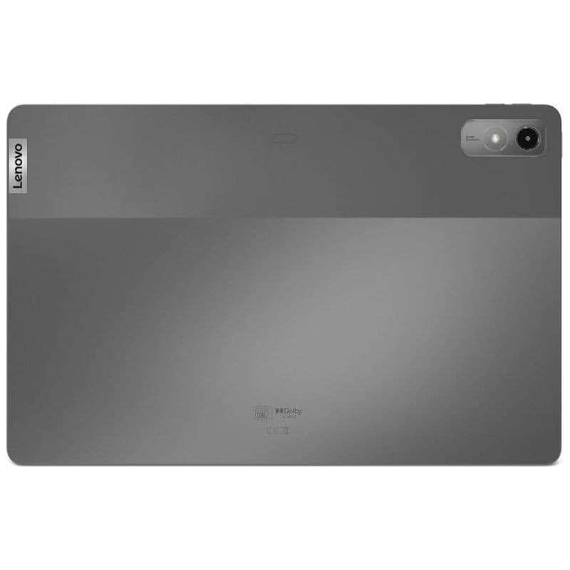 Parte trasera de Lenovo Tab P12 gris: acabado bicolor mate, logo lateral, cámara trasera única con flash y módulo elevado, diseño delgado y minimalista.