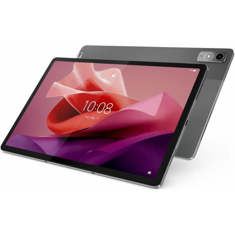 Tablet Lenovo Tab P12 12.7" gris, pantalla amplia con marcos finos, cámara trasera doble con flash y frontal centrada; cuerpo metálico elegante.