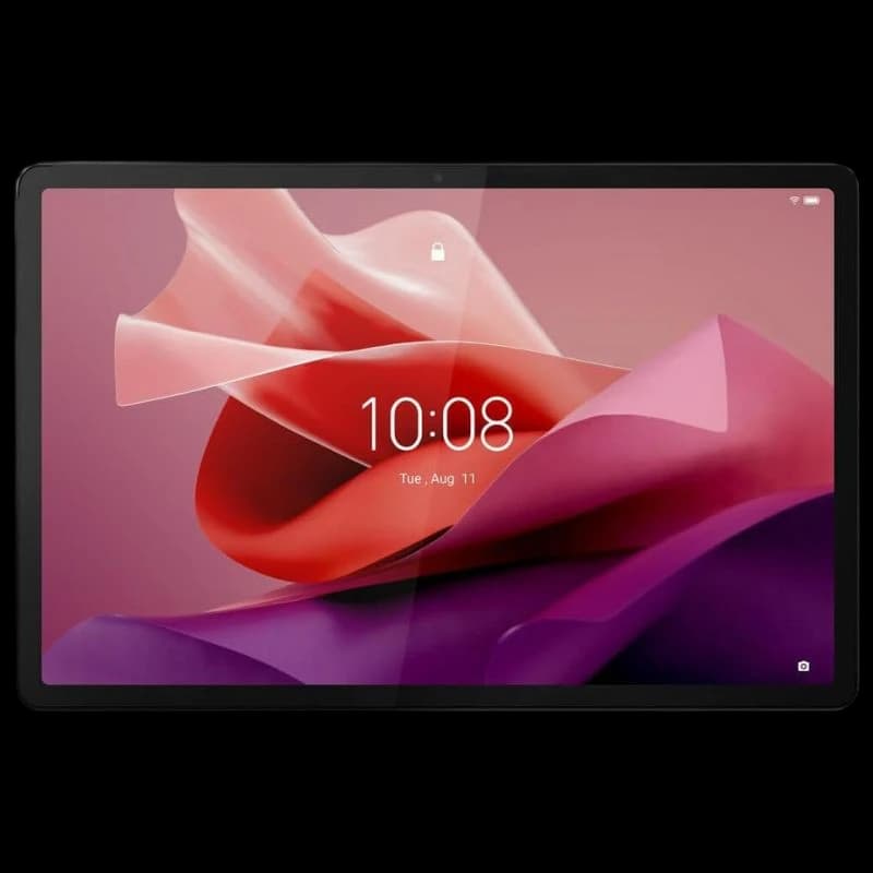 Tableta Lenovo Tab P12 gris con pantalla 12.7" sin marcos gruesos, biseles delgados, interfaz Android visible y cámara frontal centrada en el borde superior.