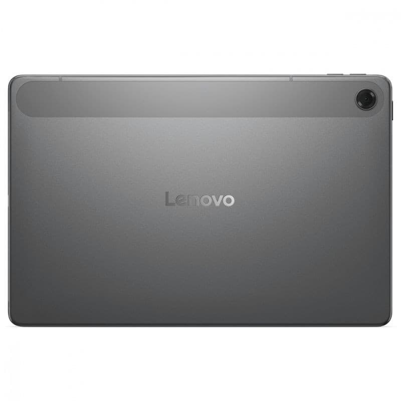 Dos de tablette gris Lune Lenovo 10,1", coque aluminium mate, module caméra arrière unique, bande supérieure contrastée, logo Lenovo centré.