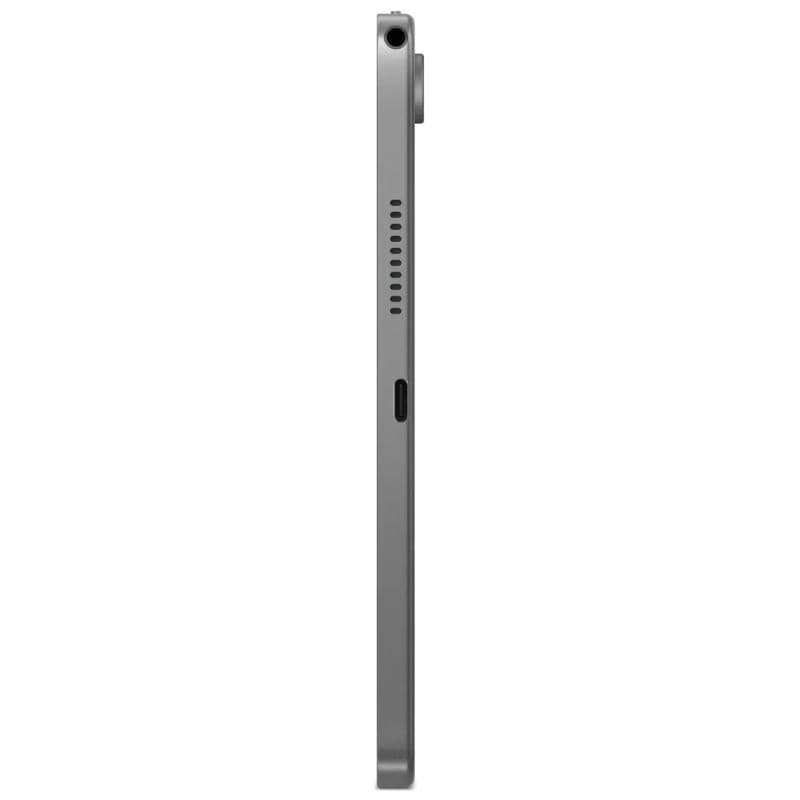 Profil latéral Lenovo Tab 10,1" Gris Lune : châssis fin en métal, caméra arrière proéminente, grille de haut‑parleur, port USB‑C. 4G et Wi‑Fi.