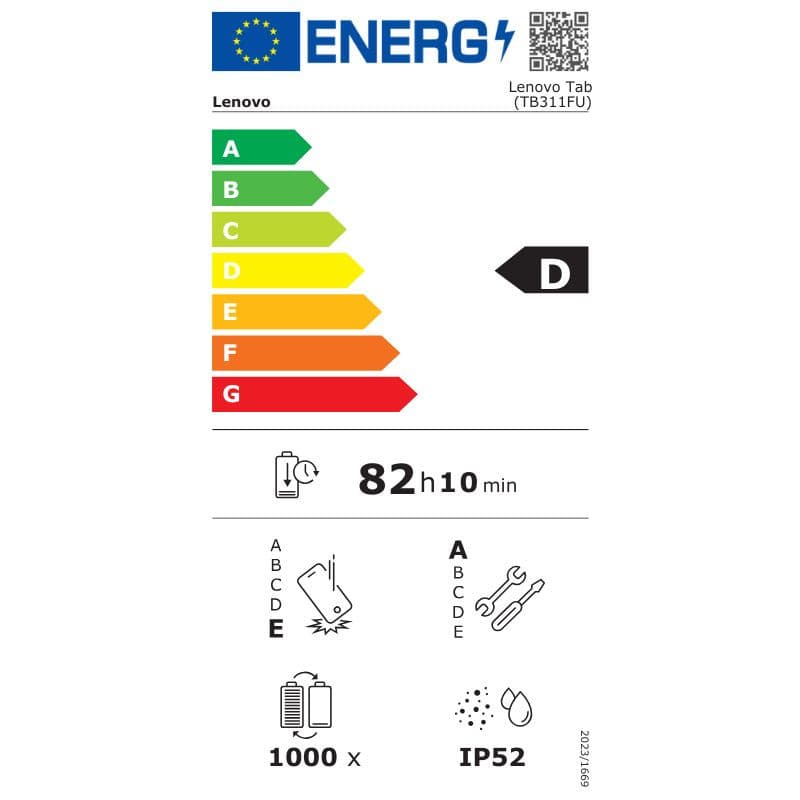 Étiquette énergie Lenovo Tab (TB311FU) classe D : autonomie 82 h 10 min, 1000 cycles, IP52, réparabilité A, résistance à l’eau/poussière et chocs.