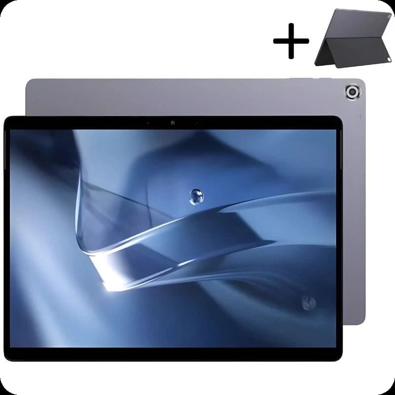 Tablet Chuwi Hi10 Max gris con pantalla 12.96, biseles finos y cámara frontal; incluye funda soporte plegable. Diseño metálico y trasera con cámara única.