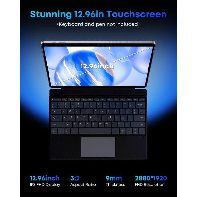Tableta Chuwi Hi10 Max gris de 12.96 pulgadas con pantalla táctil IPS 2880x1920, relación 3:2, grosor 9 mm; incluye funda soporte, sin teclado ni lápiz