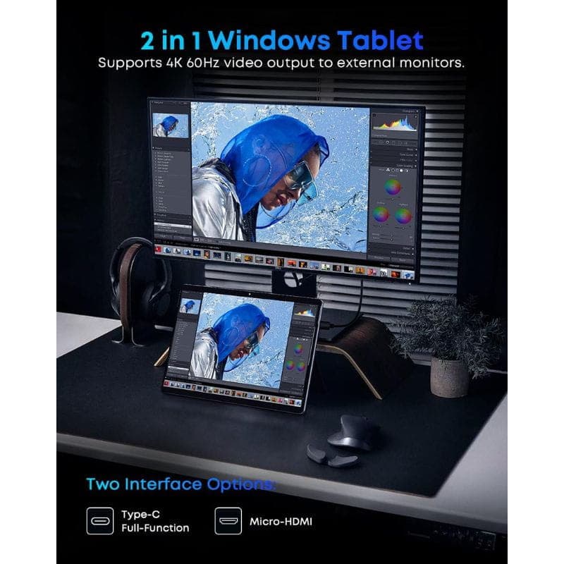 Tablet 2 en 1 Windows Chuwi Hi10 Max gris con pantalla 12.96, teclado soporte incluido, puertos Type-C y Micro-HDMI, salida 4K 60Hz a monitores externos