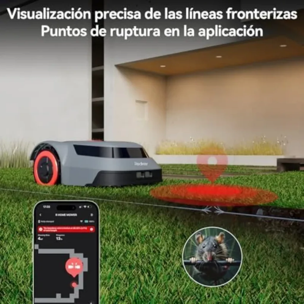 Corta-relva robotizado Redkey MGC500, cinzento com detalhes em vermelho, base de carregamento incluída, design compacto e moderno para jardins até 500 m² com cabo - Item4