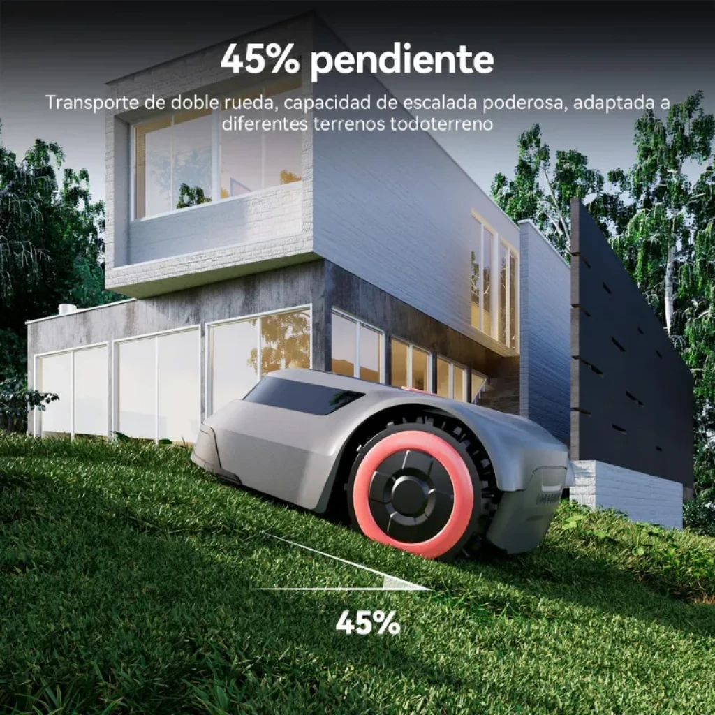 Robô cortador de relva cinzento Redkey com rodas vermelhas, estrutura compacta, painel superior com botões e ecrã, design robusto para até 1000 m² com cabo - Item2