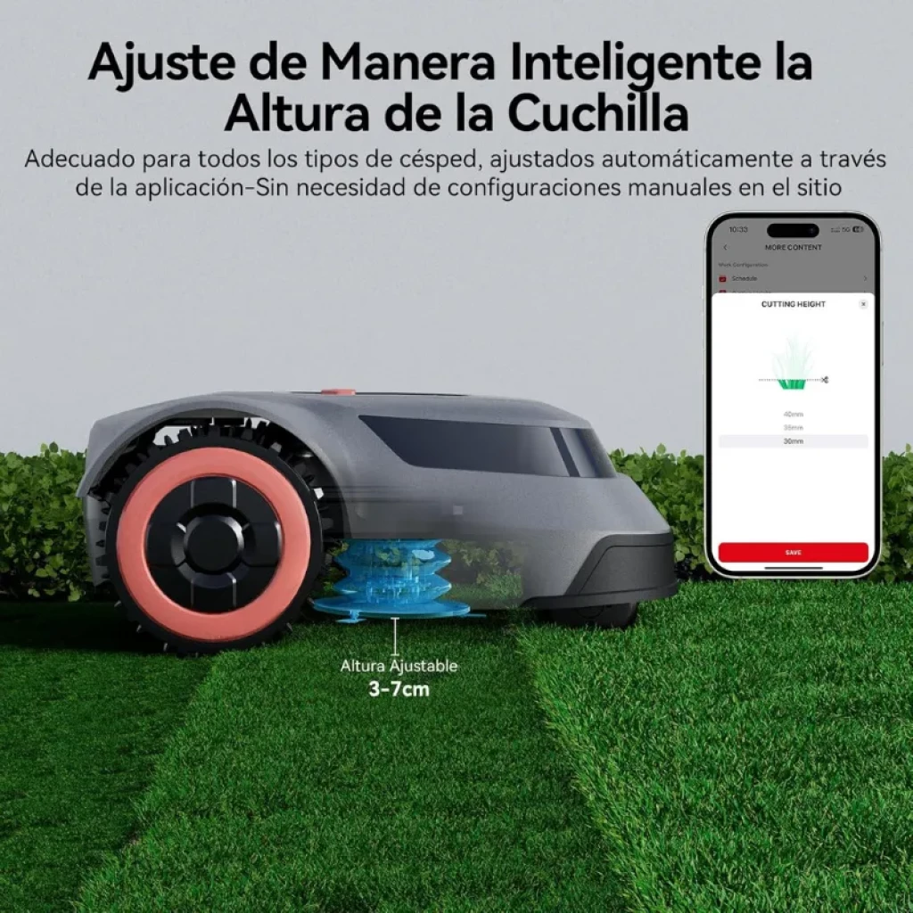 Robô cortador de relva cinzento Redkey com rodas vermelhas, estrutura compacta, painel superior com botões e ecrã, design robusto para até 1000 m² com cabo - Item3