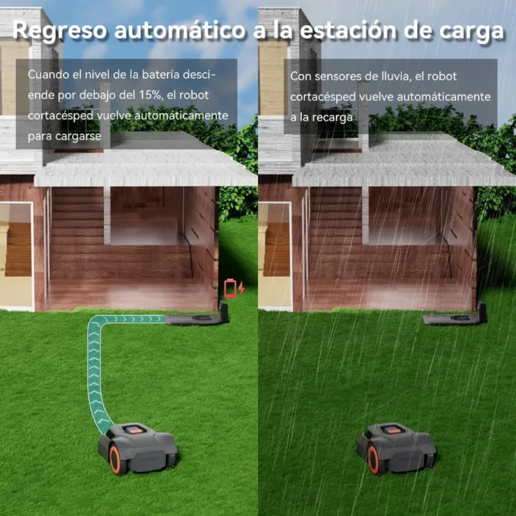 Robô cortador de relva cinzento Redkey com rodas vermelhas, estrutura compacta, painel superior com botões e ecrã, design robusto para até 1000 m² com cabo - Item7
