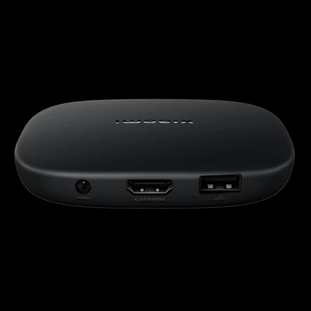 Xiaomi TV Box S 3rd Gen 4K 32GB WiFi Android TV, caja negra compacta con puertos frontales HDMI, USB y jack, diseño minimalista y acabado mate