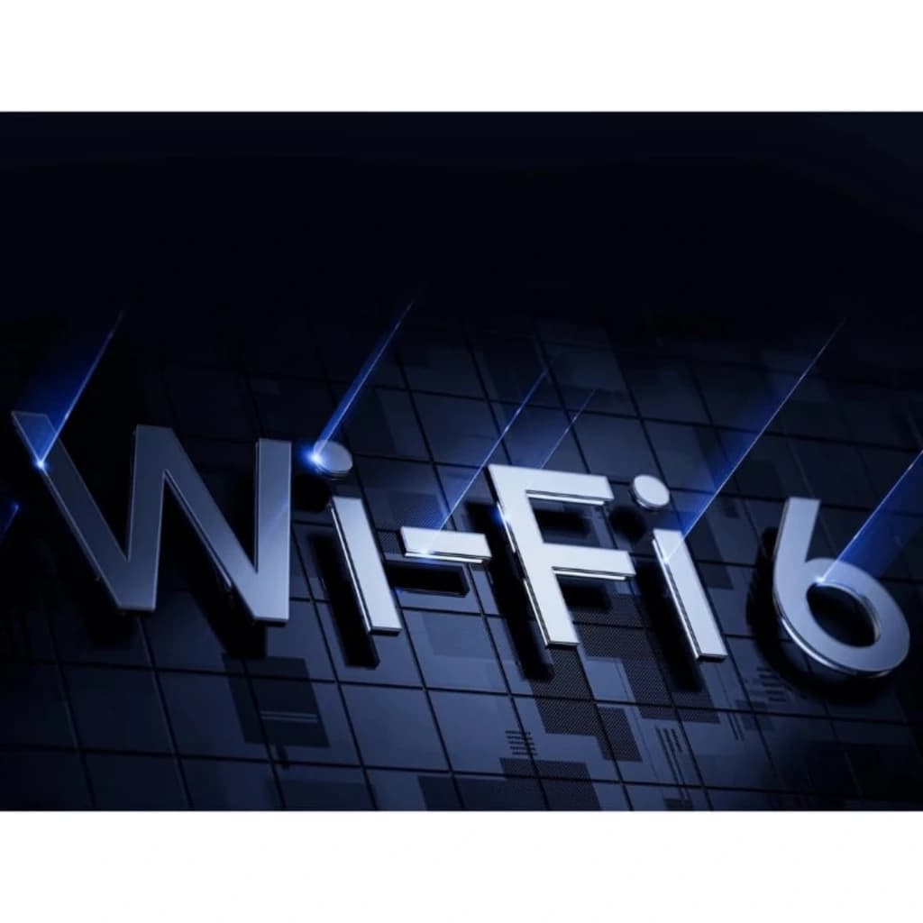 Texto Wi‑Fi 6 metálico sobre fondo oscuro con patrón geométrico y destellos azules, destacando conectividad moderna del Xiaomi TV Box S 3rd Gen 4K 32GB