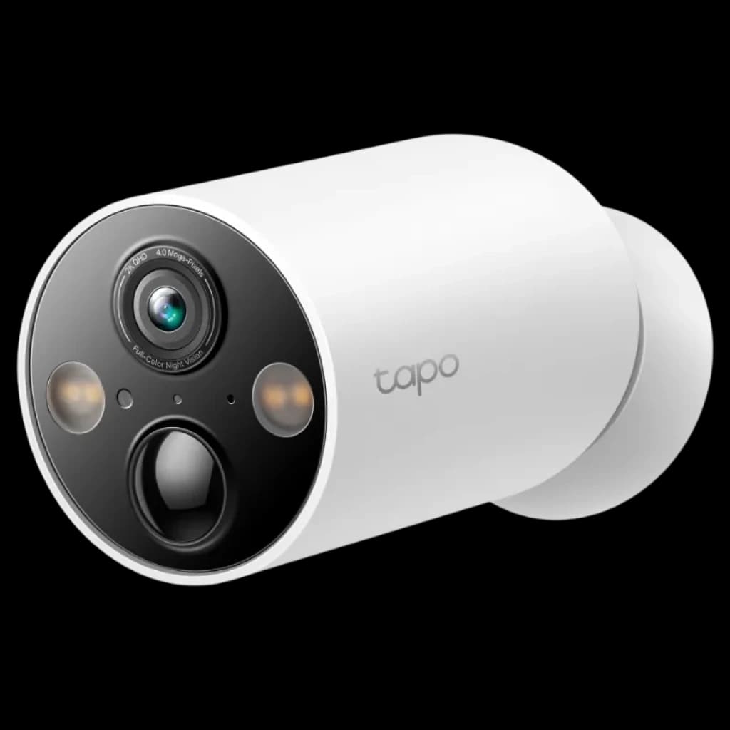 TP-Link Tapo C425 2K QHD extérieur, boîtier cylindrique blanc, façade noire avec objectif central, double LED, capteur inférieur et logo Tapo, conception IP66