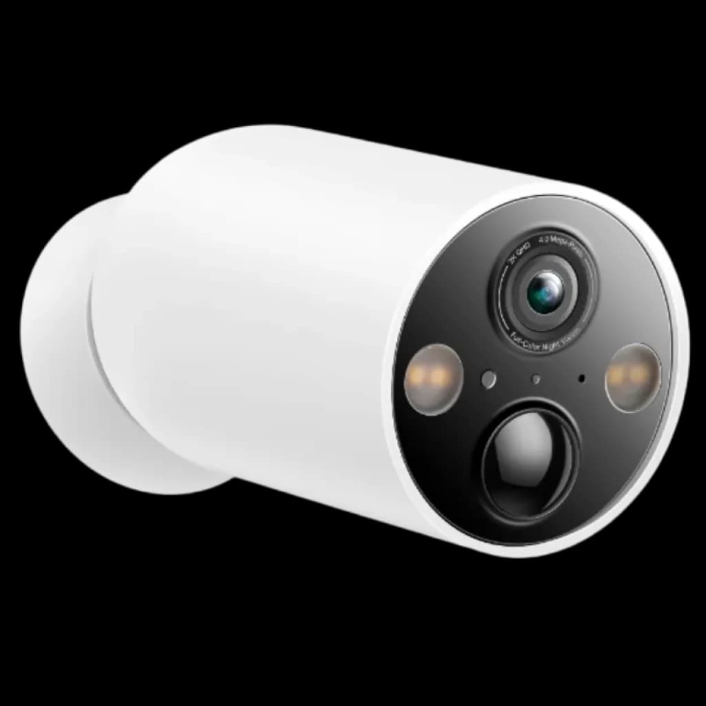 TP-Link Tapo C425 2K QHD caméra extérieure sans fil blanche, objectif frontal avec capteurs et LED, design cylindrique compact, boîtier IP66 résistant