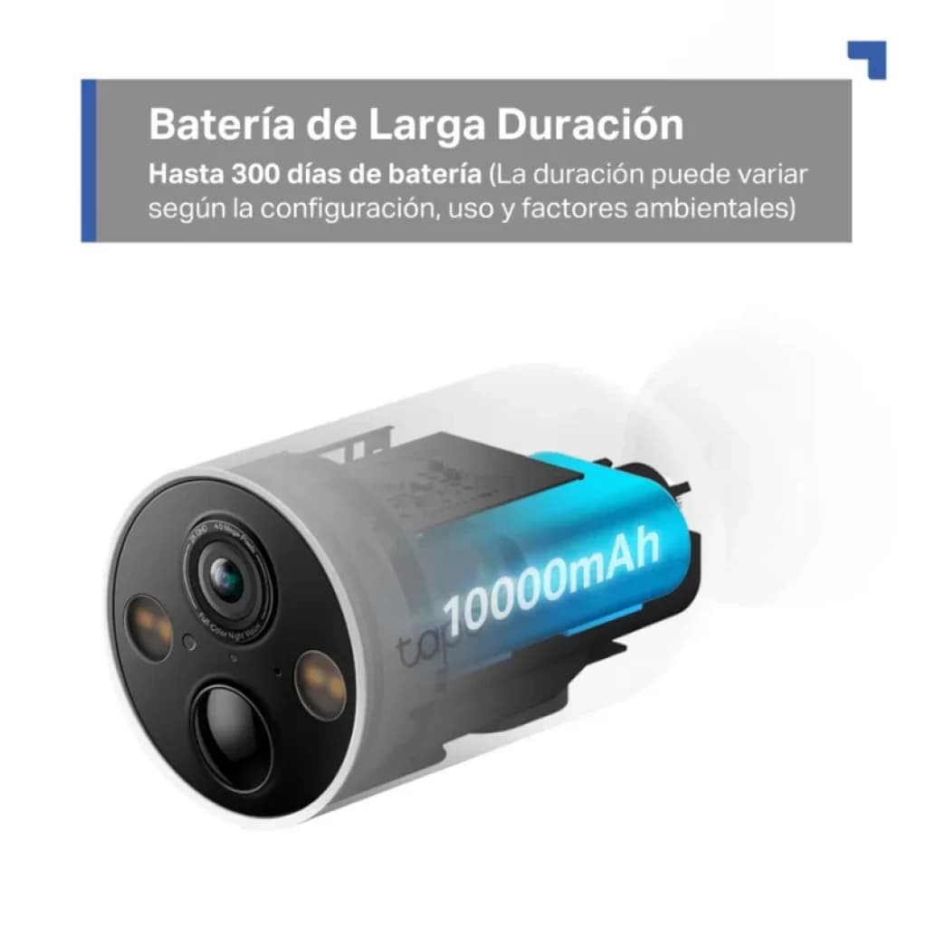 TP-Link Tapo C425 2K QHD pour extérieur, boîtier cylindrique noir avec objectif frontal, LED infrarouges et batterie visible de 10 000 mAh, résistance IP66