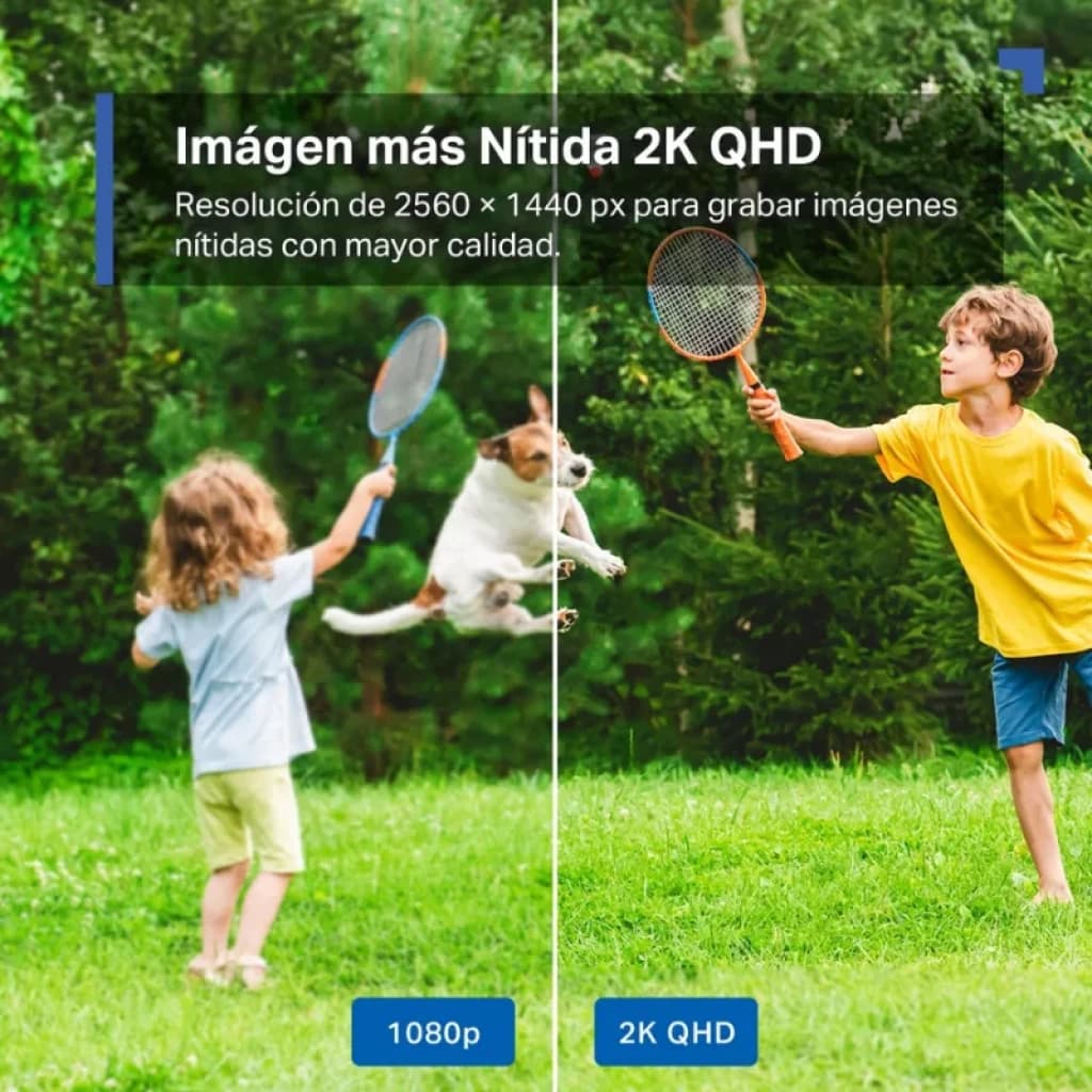 Comparaison entre 1080p et 2K QHD : scène en extérieur avec des enfants jouant au badminton et un chien sautant ; le côté droit offre une plus grande netteté et plus de détails 2560×1440 px