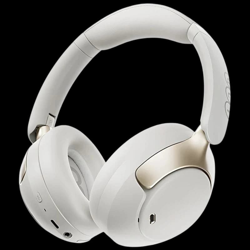 QCY H3 pro Blanco - Auriculares circumaurales blancos con detalles dorados, diadema acolchada, copas giratorias y puerto USB-C visible en la orejera