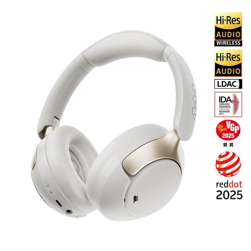 QCY H3 pro Blanco - Auriculares over-ear blancos con detalles dorados, diadema acolchada, puertos visibles y logotipo lateral; diseño premium con premios