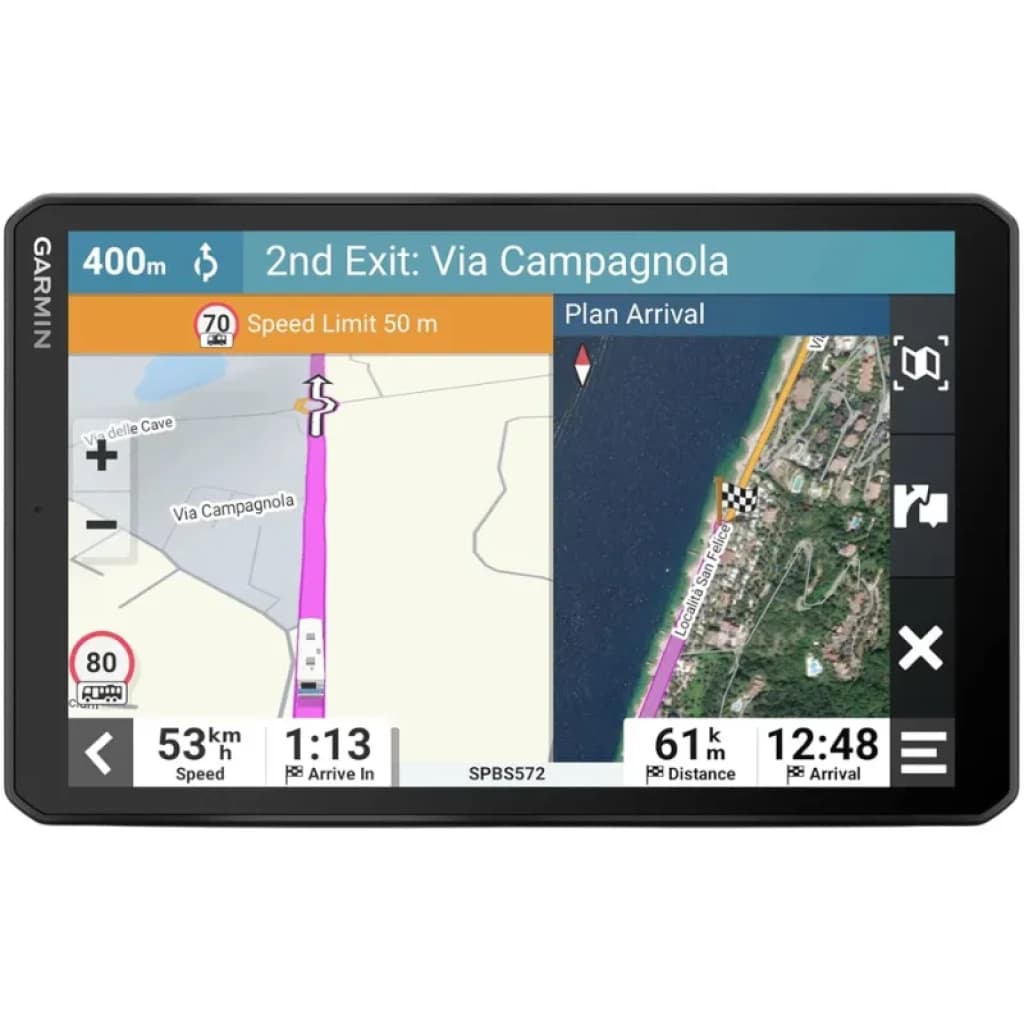Garmin Camper 895, pantalla grande con mapa dividido, indicaciones de salida, límites de velocidad y tiempo/distancia de llegada para caravanas