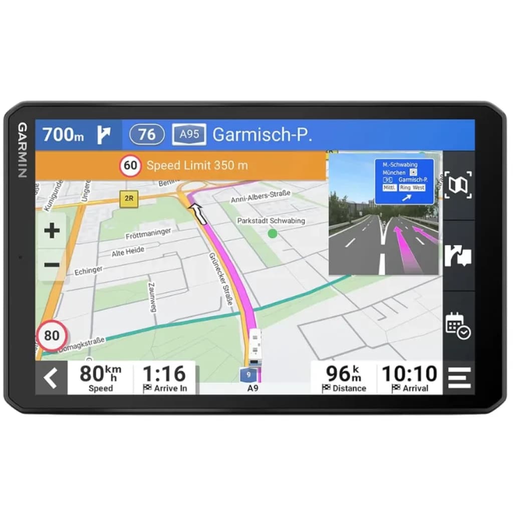 Garmin Camper 895, pantalla táctil grande con mapas detallados, límites de velocidad, rutas destacadas y navegación para caravanas en interfaz clara