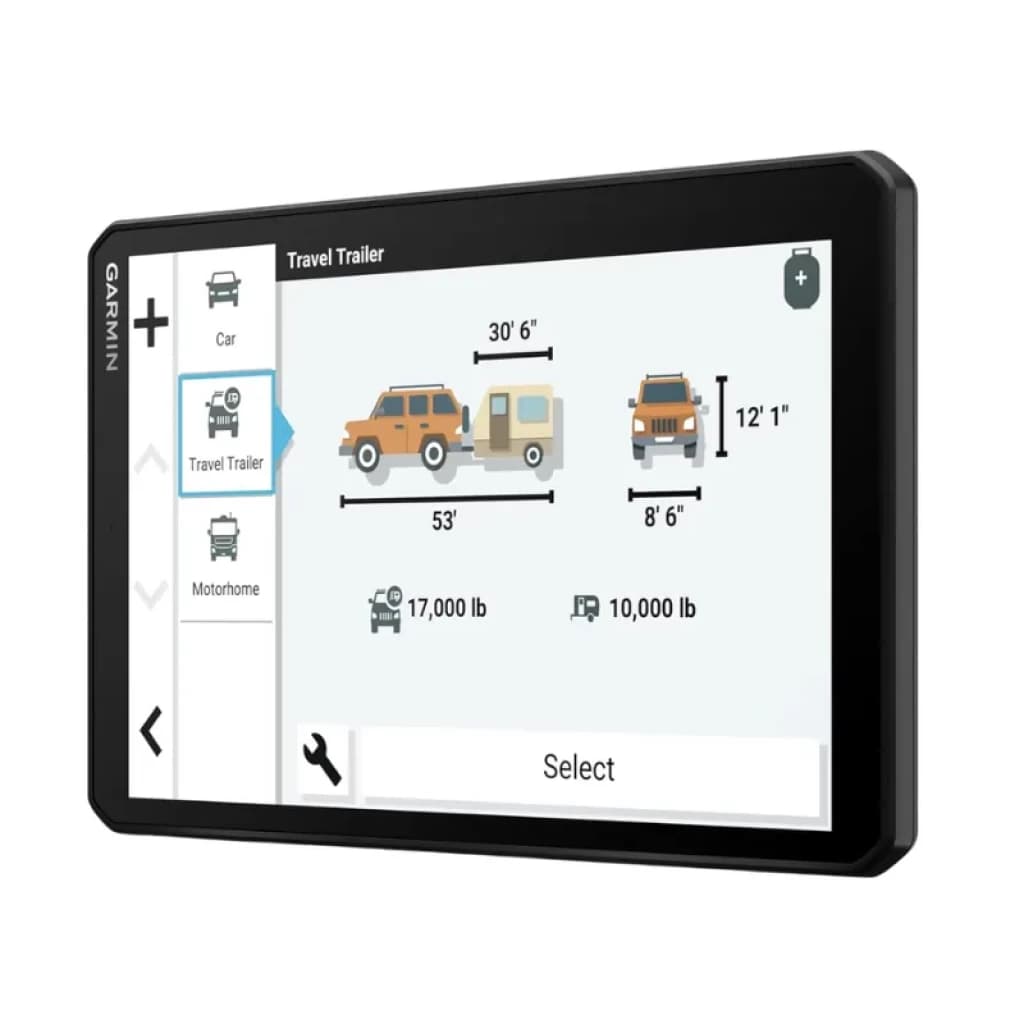 Garmin Camper 895, pantalla táctil grande con mapas y rutas para caravana, interfaz clara, perfiles de vehículo, medidas y pesos visibles en pantalla