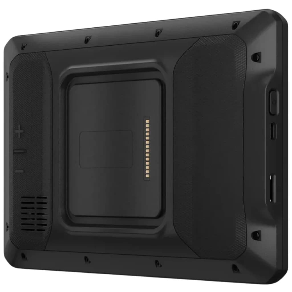 Parte trasera del Garmin Camper 895 con conectores dorados para base, altavoz integrado, botones de volumen, puerto USB y acabado antideslizante negro