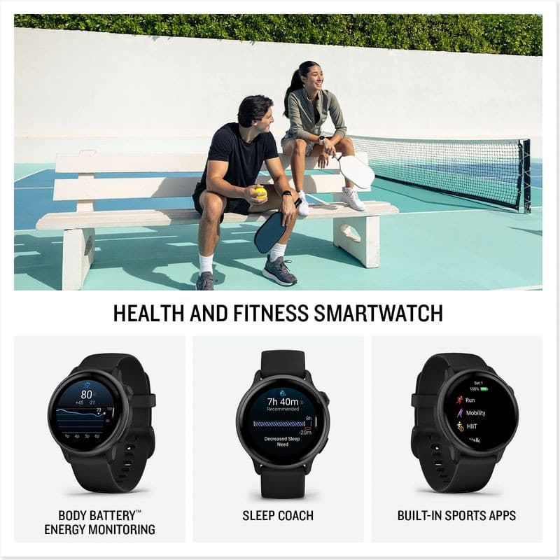 Garmin Vívoactive 6 Negro con pantalla redonda, correa de silicona negra y apps integradas; muestra Body Battery, Sleep Coach y deportes en pantalla