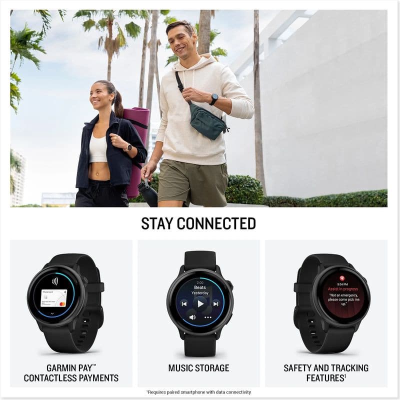 Garmin Vívoactive 6 Negro con pantalla circular y correa negra; muestra Garmin Pay sin contacto, almacenamiento de música y funciones de seguridad y