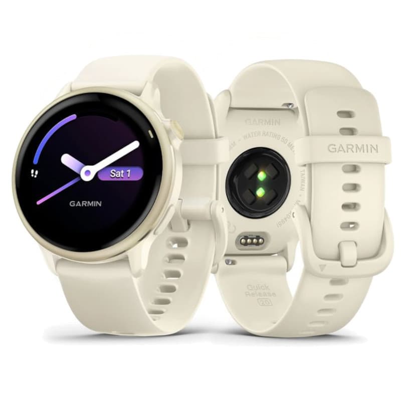 Garmin Vívoactive 6 Blanco con pantalla circular AMOLED, bisel claro, correa de silicona con cierre de hebilla y sensor óptico de pulso con luz verde