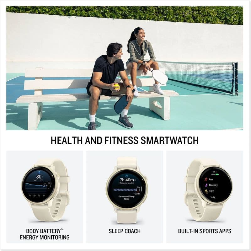Garmin Vívoactive 6 Blanco con caja redonda dorada, correa blanca de silicona, pantalla táctil a color, botones laterales y esferas de salud y deporte
