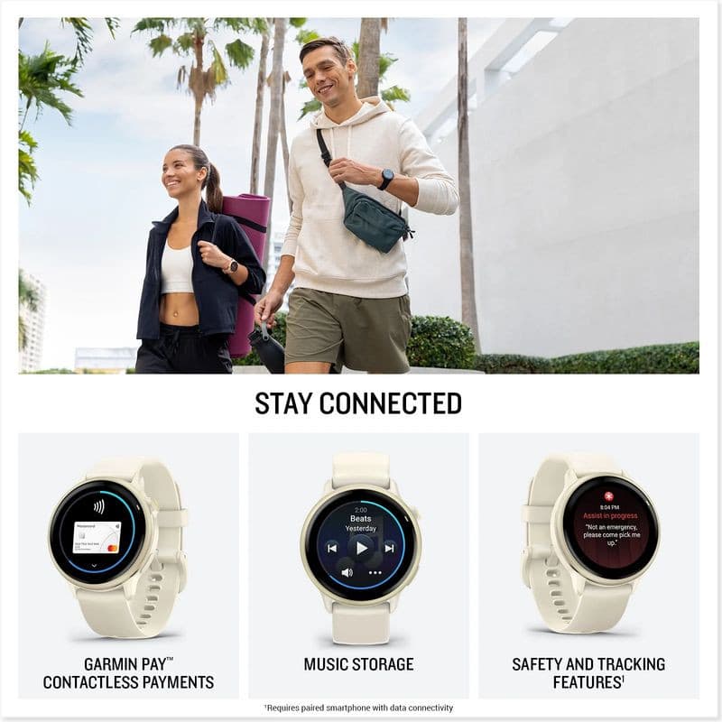 Garmin Vívoactive 6 Blanco con correa clara y bisel metálico; pantalla circular a color con widgets de pagos sin contacto, música y alertas de seguridad