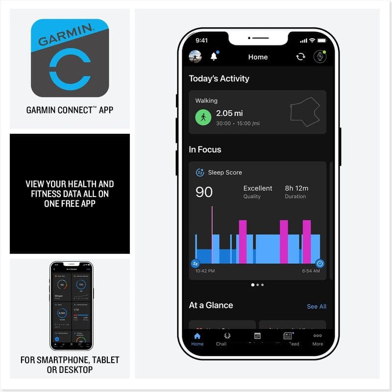 Garmin Vívoactive 6 Blanco con app Garmin Connect: panel oscuro en smartphone mostrando pasos, sueño y actividad; compatible con móvil, tablet y escritorio