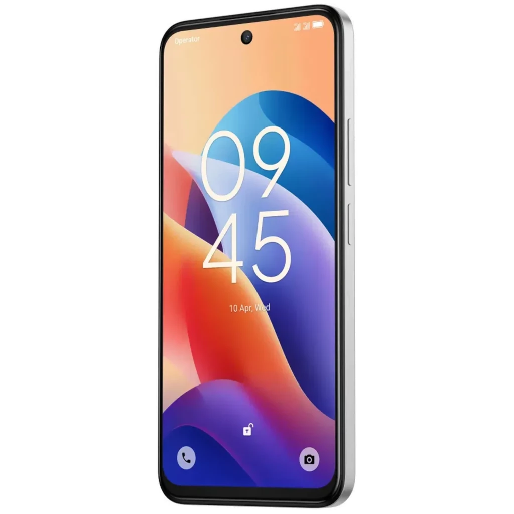 TCL 60 SE blanc avec grand écran percé, dos texturé et module photo rond triple capteur; marquage TCL vertical discret sur la coque - Ítem2