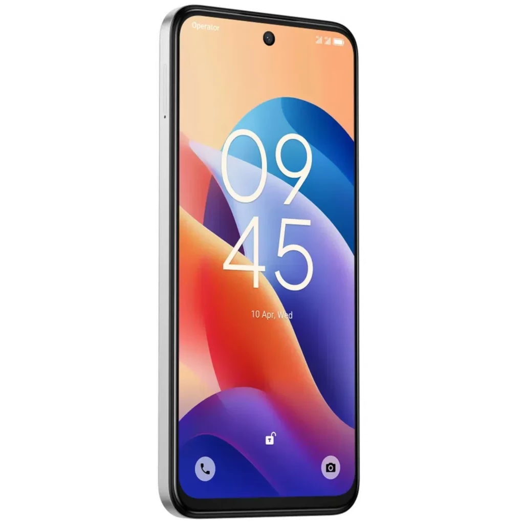 TCL 60 SE blanc avec grand écran percé, dos texturé et module photo rond triple capteur; marquage TCL vertical discret sur la coque - Ítem3