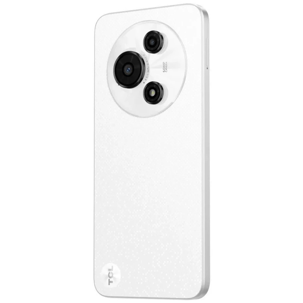 TCL 60 SE blanc avec grand écran percé, dos texturé et module photo rond triple capteur; marquage TCL vertical discret sur la coque - Ítem4