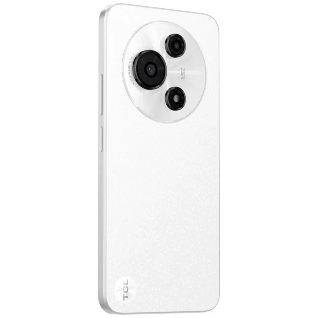 TCL 60 SE blanc avec grand écran percé, dos texturé et module photo rond triple capteur; marquage TCL vertical discret sur la coque - Ítem5