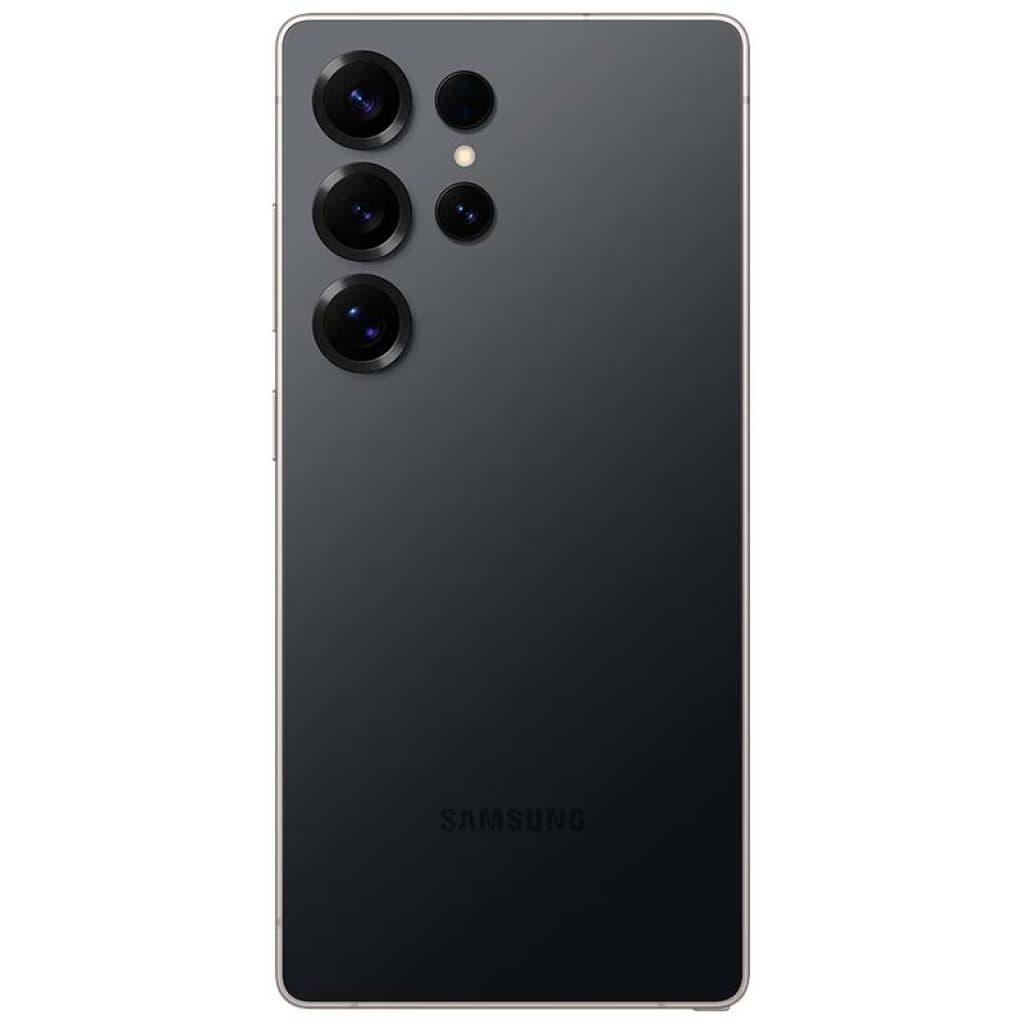 Parte trasera negro titanio con cuatro cámaras grandes y flash en esquina superior izquierda; acabado mate, bordes metálicos y logo Samsung centrado