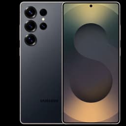 Smartphone negro titanio con pantalla AMOLED 6,9 sin marcos, cámara trasera cuádruple prominente y frontal perforada centrada, acabado premium