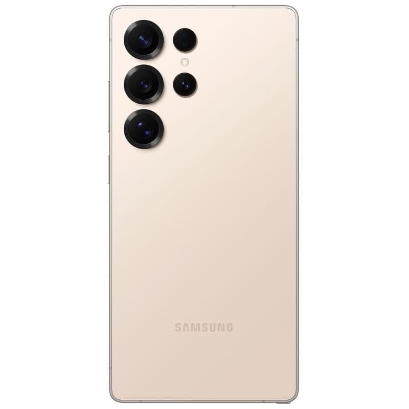 Parte trasera en color rosa titanio con acabado mate, cuatro cámaras grandes en módulo vertical y bordes metálicos pulidos. Logo Samsung centrado abajo