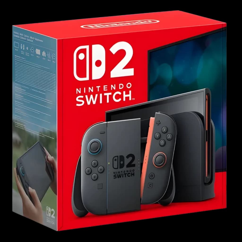 Caja de Nintendo Switch 2 en rojo con consola gris, Joy‑Con negros acoplados, base de carga y pantalla encendida; incluye imágenes laterales del uso