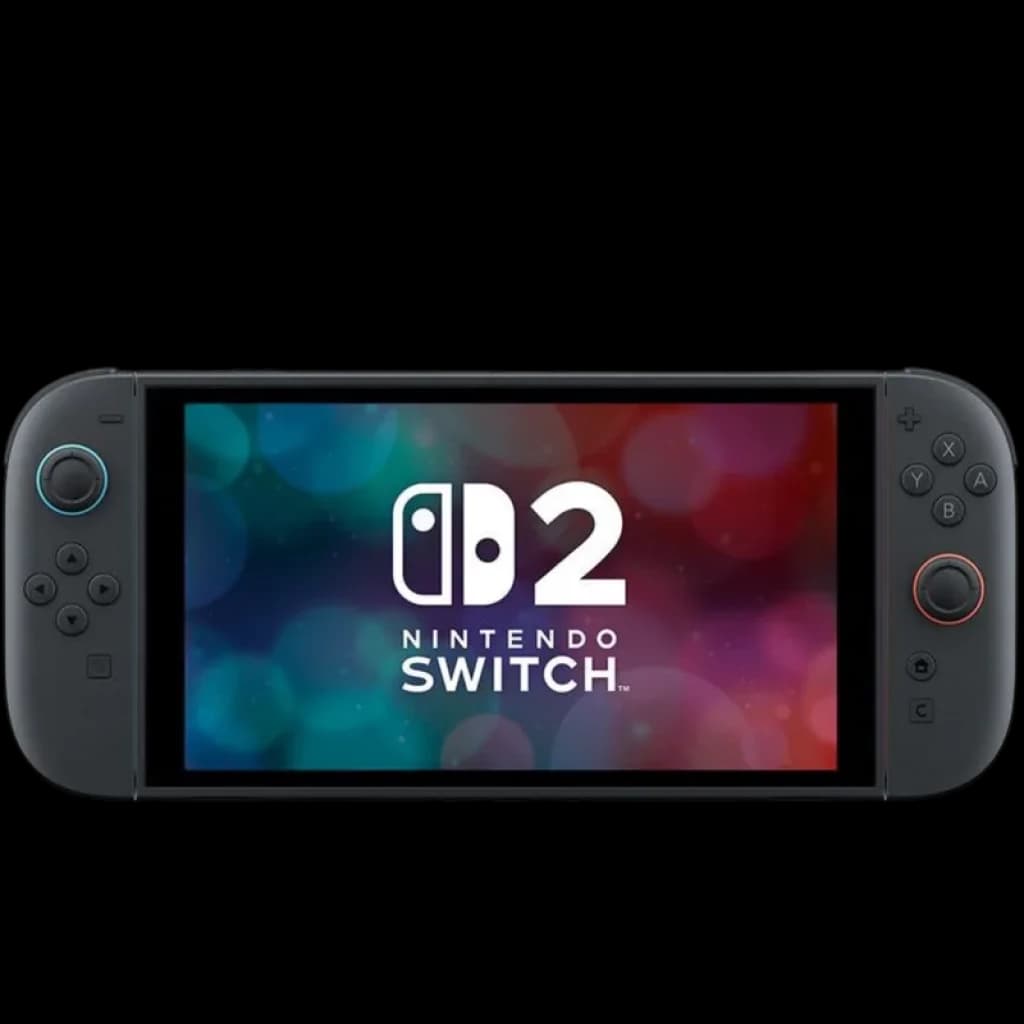 Consola portátil Nintendo Switch 2 con pantalla amplia, biseles delgados y controles laterales: joystick y botones A B X Y, gatillos y altavoces frontales.