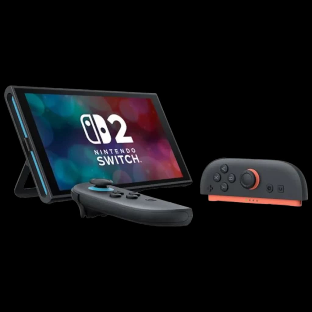 Nintendo Switch 2 - Rénové Premium état avec écran posé sur béquille, Joy-Con noir et gris détachés, design bicolore noir et corail, ports et boutons