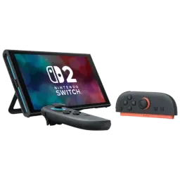 Nintendo Switch 2 - Rénové Premium état avec écran posé sur béquille, Joy-Con noir et gris détachés, design bicolore noir et corail, ports et boutons